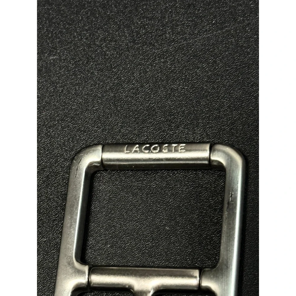 Lacoste Mens Black Canvas Web Belt Leather Trim Silver Buckle Size 34 Tenniscore
